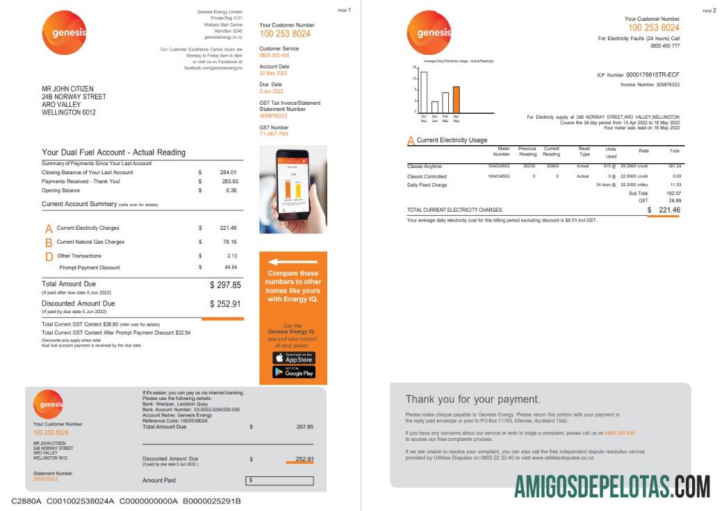 para download Modelo de fatura de serviços públicos de gás Genesis da Nova Zelândia em formato Word e PDF, 3 páginas 1